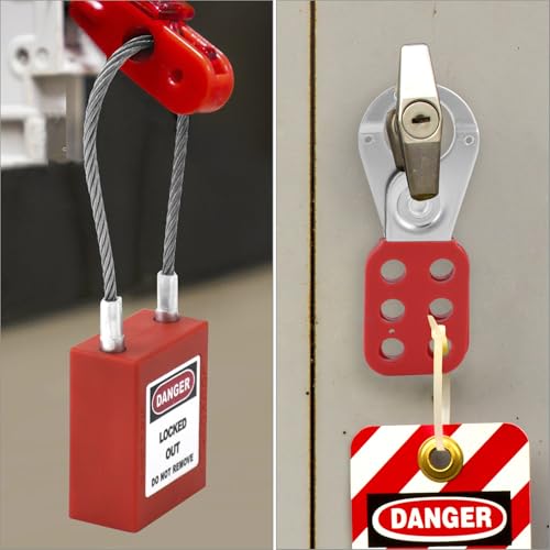 Image of QWORK Lock Out Tag Out Hasp and Lockout Tagout Steel Cable Locks with Keys, 4 Sets