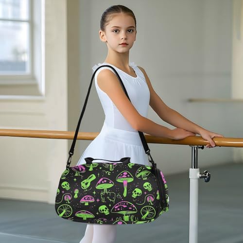 Duffle Bag for Boys or Girls with Shoes Compartment, Glowing Mushroom Skull Sports Travel Bag Overnight3