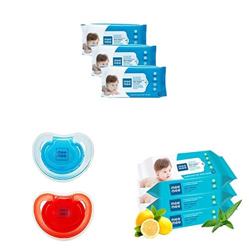 Image of Mee Mee Baby Gentle Wet Wipes, 72 counts, 3pack & Mee Mee Soft Nipple Baby Pacifier (Red /Blue) & Mee Mee Baby Gentle Wet Wipes with Lemon extracts |72 pcs| 3pack
