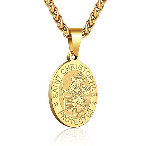 P. BLAKE Oval Saint Christopher/Michael/Joseph/Jude/Virgin Mary/Joseph/Francis/Patrick/Anthony/Benedict/Thomas Necklace for Men Women, Stainless Steel Catholic Patron Pendant with Chain 24 Inches