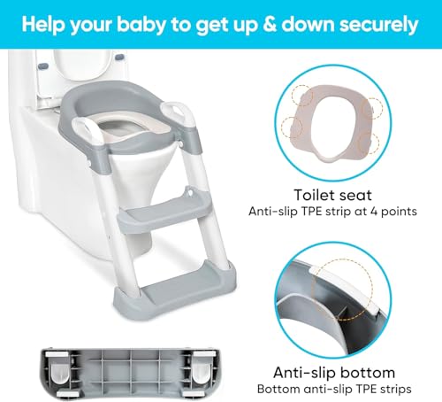 SKY-TOUCH Kids Potty Training Seat with Steps,Adjustable Toddlers Potty Toilet Trainer,Toilet Ladder Seat, Folding Children's Toilet Training with Steps Non Slip & Space Efficient for Boys Girls,Grey