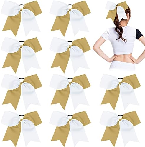 CN 10pcs 8" Cheer Hair Bows Large White Ponytail Holder Girls Elastic Hair Ties Handmade for Cheerleading Teen Girls College Sports Softball Competition (Gold/White)