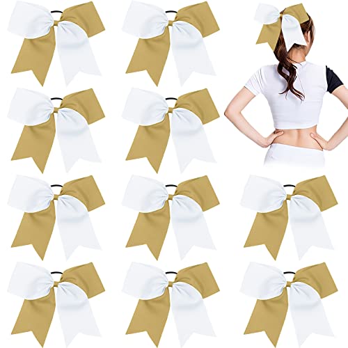 Cn 10Pcs 8" Cheer Hair Bows Large White Ponytail Holder Girls Elastic Hair Ties Handmade For Cheerleading Teen Girls College Sports Softball Competition (Gold/White) #TOP15