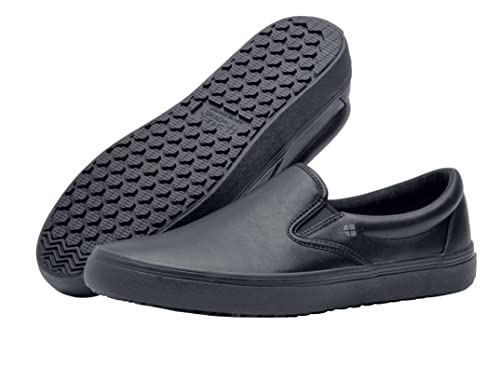 Shoes for Crews Merlin, Slip-On, Men's, Women's, Unisex, Slip Resistant Work Shoes, Black Leather, Men's Size 8.5, Women's Size 10