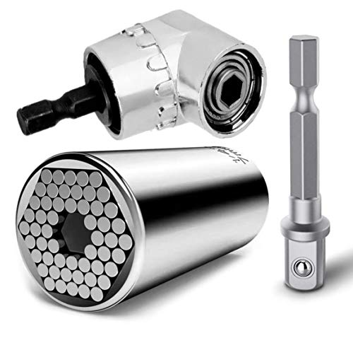 Universal Socket Wrench Set 7mm-19mm Multi-Function Self-Adjusts Ratchet Hand Tool Kit Magic Spanner Grip 1/4-3/4 Inch Screwdriver Wrench with Power Drill Adapter + Right Angle Drill Adapter