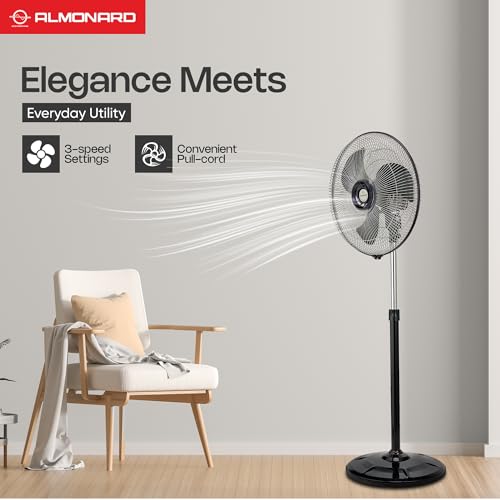 Image of Almonard AEROSTAR Pedestal Fan, High-Performance Motor with Overheat Protection, Aerodynamic Blades, 100% Copper Winding, Adjustable Height, 3-Speed Control & 2-Year Warranty