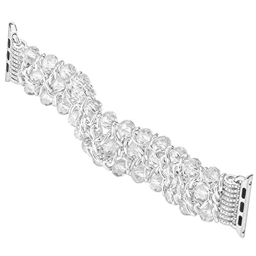Glitter Beaded Bracelet Compatible Apple Watch Bling Band,Fohuas Clear Crystal Beads Pearl Bangle For Iwatch Series Ultar 8 7 6 5 4 3 2 1 Metal Chain Elastic Jewelry Strap Women Girl Transparent Silver(White, 38Mm/40Mm/41Mm) #TOP4