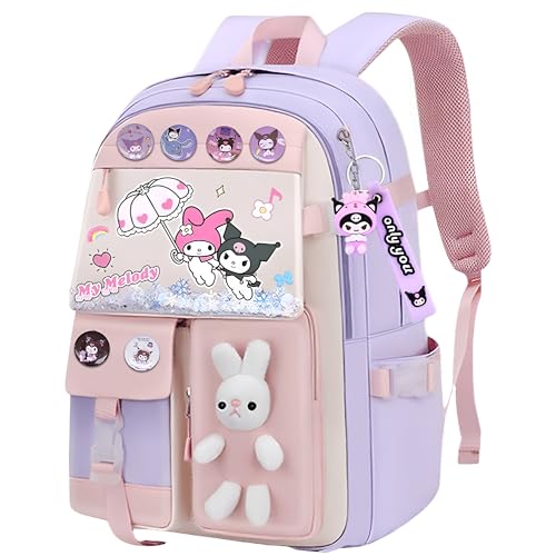 Image of Cute Pastel Contrasting Color Anime Cartoon School Backpack for Girls, Kawaii Large Capacity Bunny Bag, Lightweight Casual Travel Daypack Multi-Compartment Bookbag for Elementary School Kids