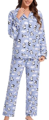 CHUNG - Set di pigiami da donna in cotone spazzolato a maniche lunghe, con bottoni, top e pantaloni in flanella, biancheria da notte, comodi e caldi per l'inverno, taglie forti, Panda blu., L