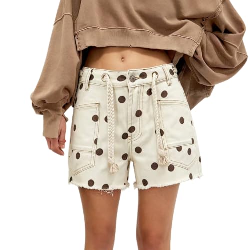 Short en jean à pois Y2K mignon avec cordon de serrage et ourlet brut rétro