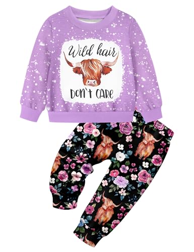 Image of Toddler Girl Clothes Fall Winter Outfits Wild Hair Don't Care Highland Cow Sweatshirt Pants Western Cowgirl Outfit