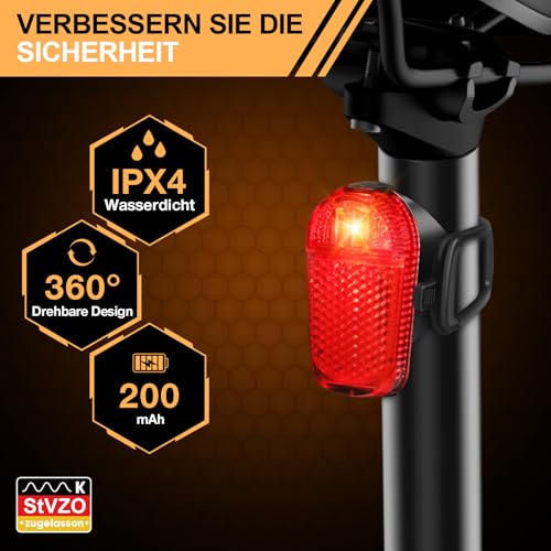 Popolic Fahrradlicht Set LED StVZO-30/15 LUX Fahrradbeleuchtung Set 360° Beleuchtung-IPX4...