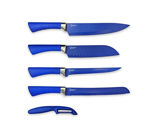 Diamond Gourmet Diamond Sharp Knife Set - Blue Ceramic Coated Diamond Infused Knife Set - As Seen on TV - Set of 4 knives with Bonus Peeler