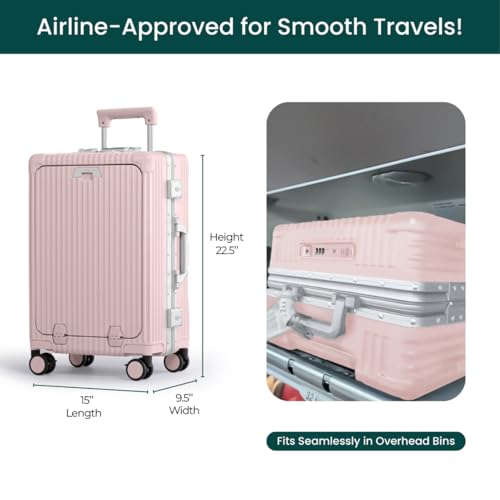Nobl Travel Carry On Luggage, Noble Zipperless Aluminum Frame PC Hard Shell Suitcase, 22.5x15x9.5 Airline Approved, 360° Spinner Wheels, TSA Locks, USB Charging Port, Cup & Phone Holder - Pink4