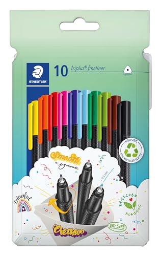 STAEDTLER triplus Fineliner 334, dreikant, superfeine, metallgefasste Spitze, ca. 0.3 mm, aus 97% Rezyklat, Made in Germany, Set mit 10 brillanten Farben im Kartonetui, 334 C10