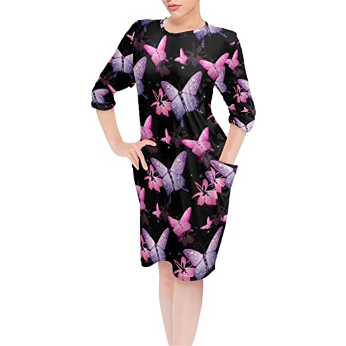 POLERO Chemise de nuit douce à manches longues avec poche Motif libellule, Papillons violets et roses, 3XL Cover