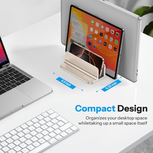 Image of OMOTON Vertical Laptop Stand [Updated 3-Slots Version], Desktop Aluminum Mac Book Stand with Adjustable Dock Size, Fits All Mac Book, Chrome Book and Gaming Laptops (Up to 17.3 inch), Starlight