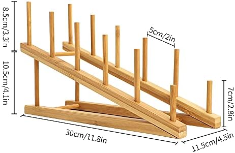 TIE-DailyNec 4 PCS Wooden Dish Rack Bamboo Plate Rack Stand Pot Lid Holder, Dish Drying Rack Kitchen Cabinet Organizer for Cup, Cutting Board, Bowl, Plate,Pot Lid