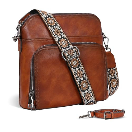 Iswee Leather Crossbody Bags for Women Multi Pockets Medium Shoulder Bag Lightweight Functional Travel Purse