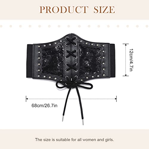 Asooll Leather Wide ELastic Corset Belts Black Vintage Sequins Waist Belt Lace up Waistband Wide Cinch Belt Party Club Prom Costume Clothing Dress Waist Belts for Women4