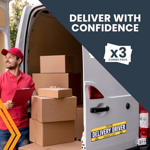 Image of Magnet Me Up Caution Frequent Stops Delivery Driver Automotive Magnet Decal, 3 Pack, Yellow /Blue, Two 8x12 inch and One 3x10 inch, Automotive Magnet for Car, Flex Delivery Driver, Crafted in USA