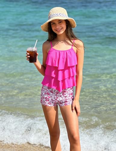 Image of Girls Tankini Swimsuit 2 Piece Tiered Ruffle Bathing Suit Teen Girl Swimsuit 6-14Y