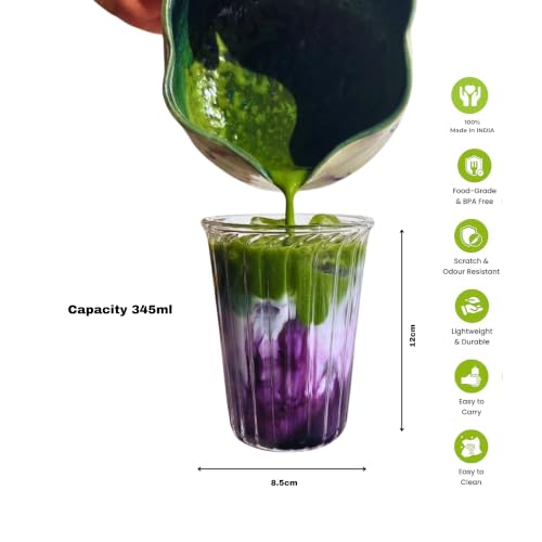 Image of PEBELLIFEWARE Matcha Fluted Conical Glass Mugs (Set of 2) - Hand-Blown Borosilicate Clear Drinking Glasses 345ml for Coffee, Matcha, Smoothie & Layered Drinks - Microwave & Dishwasher Safe