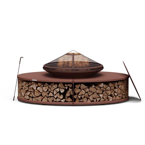 Blumfeldt Ebeko Brasero Exterieur - Barbecue & Table, 3-en-1 Brasero en Acier Durable, Pare-Étincelles & Tisonnier Inclus, Rangement Bûches, Housse Imperméable, Idéal Jardin & Terrasse