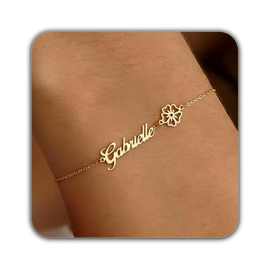 Elemtansy Custom Bracelet with Name and Birth Flower, Personalized Name Bracelets for Women, 18K...