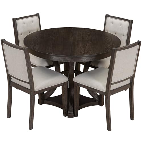 Image of Bellemave Extendable Dining Table Set for 4, 5-Piece Retro Round Table Set with 4 Upholstered Chairs, Round Table with a 16 inch W Leaf, Oval Kitchen Table Set with Extendable Table (Espresso)