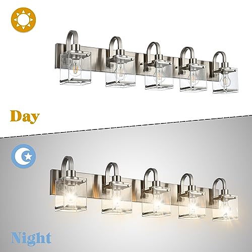 Image of Bathroom Vanity Light 5-Light Wall Sconce Lighting Modern Wall Light with Clear Glass Shade Modern Brushed Nickel Wall Lamp Mounted Lights Over Mirror for Living Room, Bedroom, Hallway