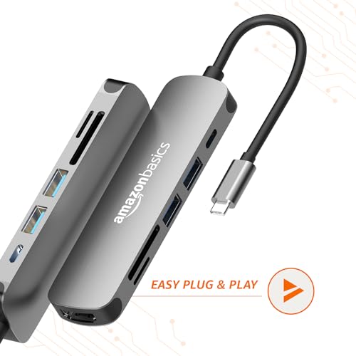 Image of Amazon Basics 6-in-1 Hub Multiport Adapter, USB Type-C with Aluminium Shell, HDMI 4K@60hz, 1xUSB 3.0, 1xUSB 2.0, 60W PD, SD /TF Card Reader for MacBook Pro, MacBook Air, Type-C Devices