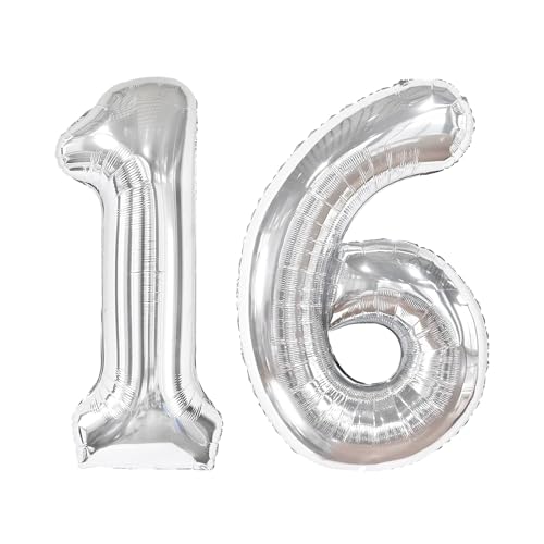 Image of Silver Number 16 Balloon 40 inch, 16 Number Balloons, 16th Silver Birthday Decorations, 16 Year Old Silver Party Supplies