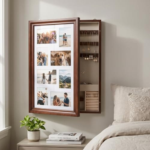 Hives & Honey Mackenzie Photo Collage Jewelry Organizer Wall Mount with Necklace Hooks Ring Rolls Earring & Bracelet Storage Anti-Tarnish Lining 23 x 21.5 Walnut