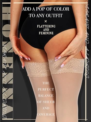 Image of HONENNA Semi Sheer Stay Up Lingerie Thigh High Stockings Lace Top Size A-F