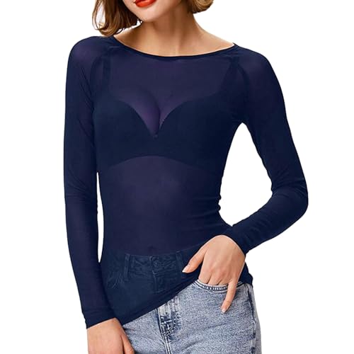 Camiseta de malla sexy para mujer, camiseta de malla transparente de tul transparente, camiseta de manga larga, camiseta informal, camiseta de manga larga, sexy, túnica de color liso, azul, XL