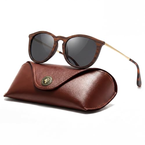 Image of SUNGAIT Rosewood Wood Sunglasses Polarized Vintage Round Sun Glasses for Women Men Classic Retro Trendy Style