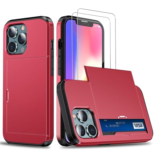 Coque portefeuille pour iPhone 12 Pro Max rouge avec 2 verres trempés