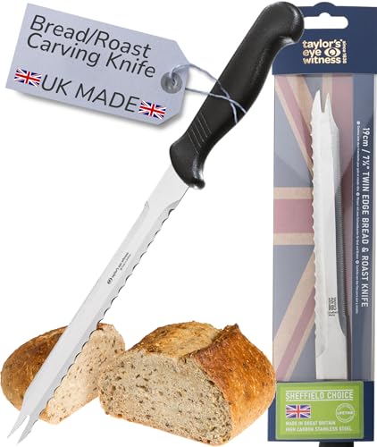 Taylors Eye Witness Sheffield Made Bread & Roast Carving Knife - 19cm Double Edged Blade with Serving Prongs. Multi Use Kitchen Knife with Fine Precision Ground Razor Blade Steel & Fibre Feel Handle
