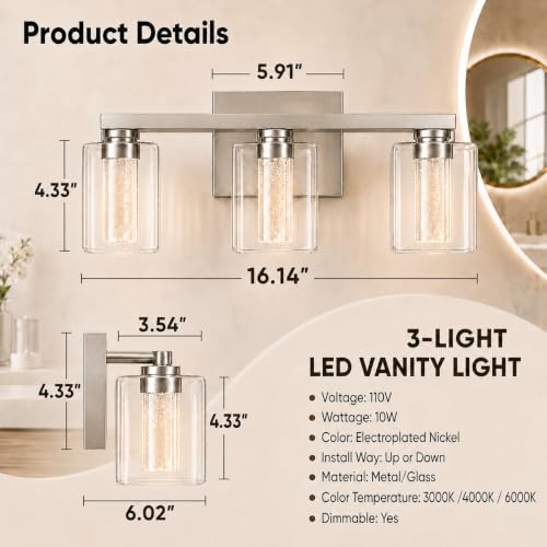 Image of LED Vanity Lights for Bathroom,3 Light Electroplated Nickel Bathroom Light Fixtures Over Mirror,3 Color Lighting with Crystal Bubble Glass&Clear Glass Shade,Modern Vanity Light for Bathroom
