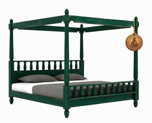 Image of Sheesham Solid Wood Allure Poster Bed for Bedroom | Handmade Wooden Cot | Elegant Four Poster King Size Bed Frame (Rustic Green, Queen, Allure)