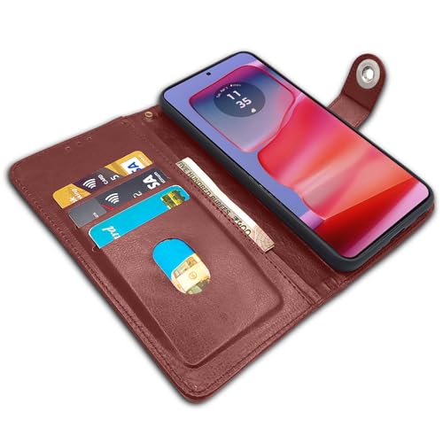 Image of Pikkme Moto Edge 50 Pro 5G Flip Cover Leather Finish | Inside TPU with Card Pockets | Wallet Stand and Shock Proof | Complete Protection Button Flip Case (Brown)