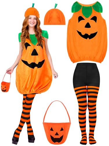ShinyMatch 4 Pcs Halloween Adult Pumpkin Costume Set Sleeveless Pumpkin Velvet Costume with Candy Bag Funny Hat Striped Tights for Women Halloween Party Cosplay Clothes Multicolor