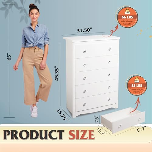 WLIVE White 5 Drawer Wood Dresser, Wooden Chest of Drawers for Bedroom, Storage Cabinet and Organizer Drawers for Living Room, Hallway, Closet, Measuring 15.75" W*31.50" D*45.35" H