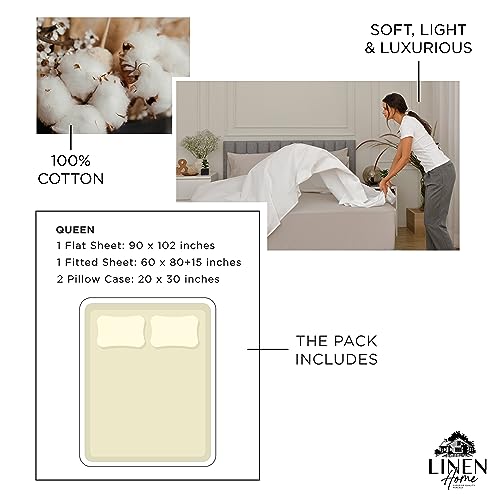 Image of Linen Home 100% Cotton Percale Sheets Queen Size, Cream, Deep Pocket, 4 Pieces Set - 1 Flat, 1 Deep Pocket Fitted Sheet and 2 Pillowcases, Crisp Cool and Strong Bed Linen