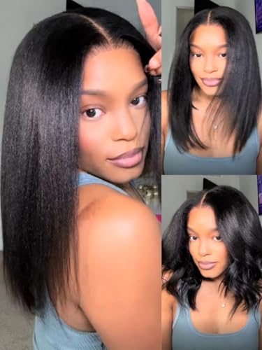 UNICE Yaki Straight Bob Human Hair Drawstring Wig Bye Bye Slip Glueless 7x5 Lace Front Wigs Human Hair Pre Plucked Pre Cut Bleached Knots Pre Everything Put On and Go Wig 10 inch