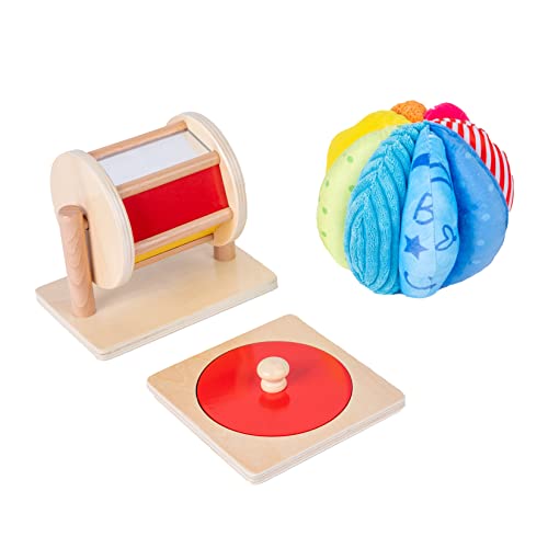 Montessori Baby Toys Play Kit Montessori Mirror Peekaboo Knob Puzzle, Medium Spinning Drum And Rainbow Fabric Ball Kit Toys For 6-12Months Toddlers (Play Kit 1) #TOP3