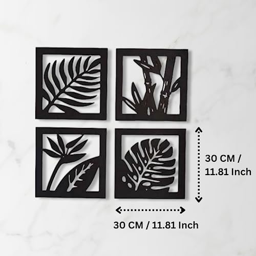 Image of 7 Decore Wooden 4 Pieces Square Tree Leaf Wall Art Panel Frame | Wall Hanging Decoration Items for Living Room, Bedroom, Drawing Room, Dining Room, Stairs, and Office. (Black) (Big Size)