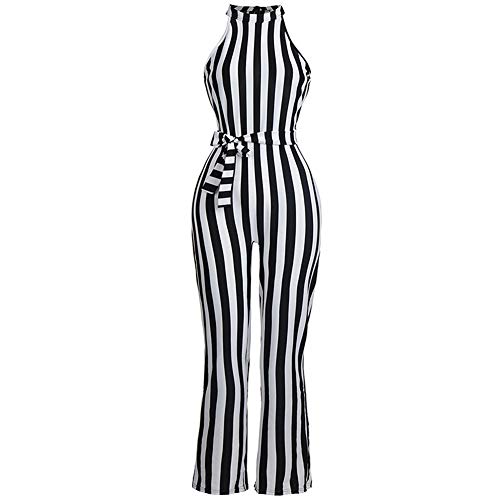 Macacão Feminino Roupas da Moda 2019 Listras Sem Mangas Halter Magro Calças Romper Com Cinto (Preto,