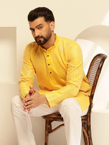 Image of SOJANYA (Since 1958 Men's Silk Blend Contrast White Thread Detailing Kurta With White Pyjama